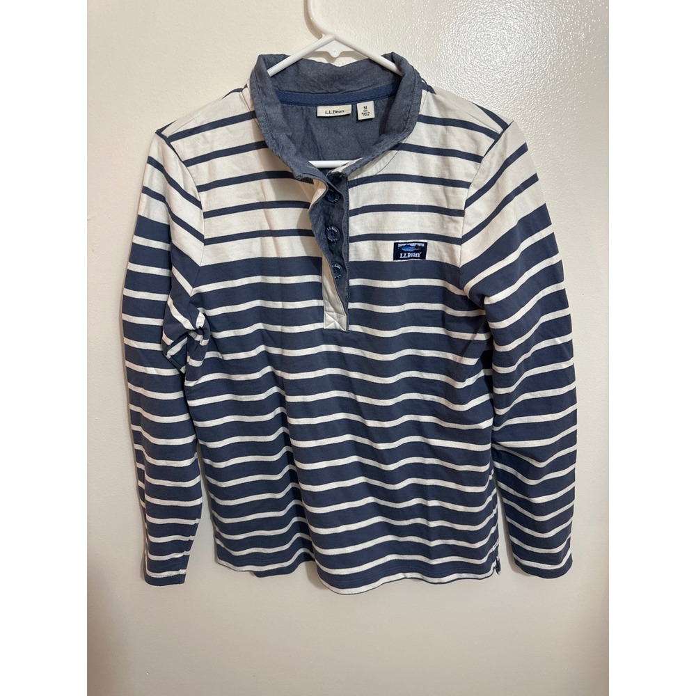 LL Bean Womens Blue White Striped Cotton Rugby Shirt Long Sleeve 501241 M